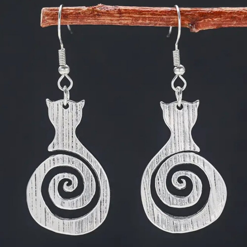 Silver Cat Spiral Drop Earrings - Elegant Women’s Jewelry